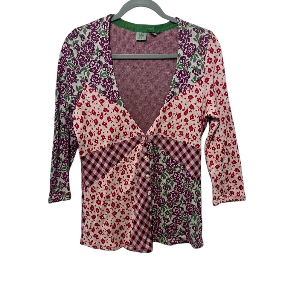 Anthropologie HWR Floral Patchwork Gingham Top